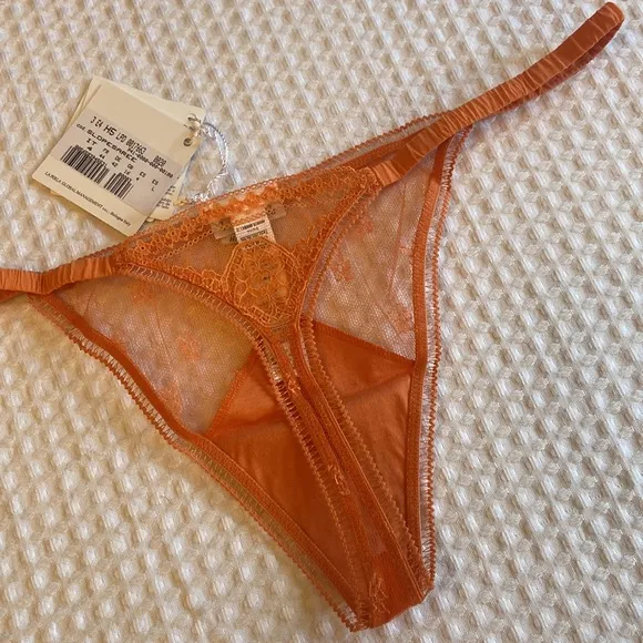 NEW! LA PERLA Silk Sheer Lace Mesh Thong G-String Coral Orange Size M L