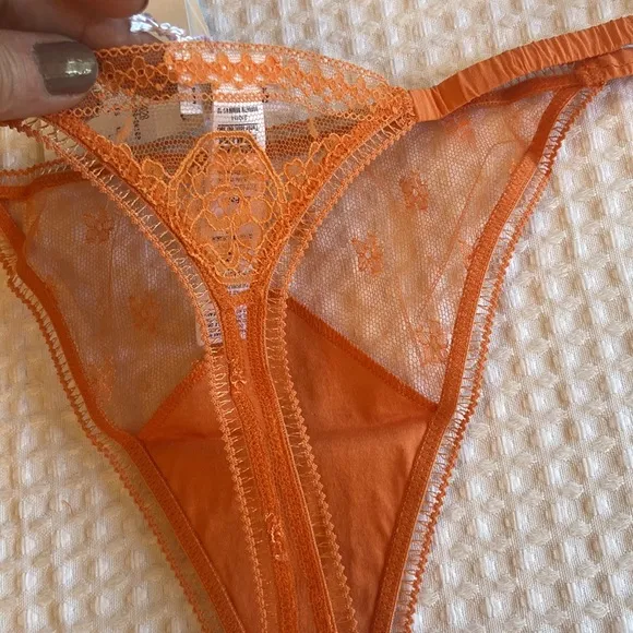 NEW! LA PERLA Silk Sheer Lace Mesh Thong G-String Coral Orange Size M L