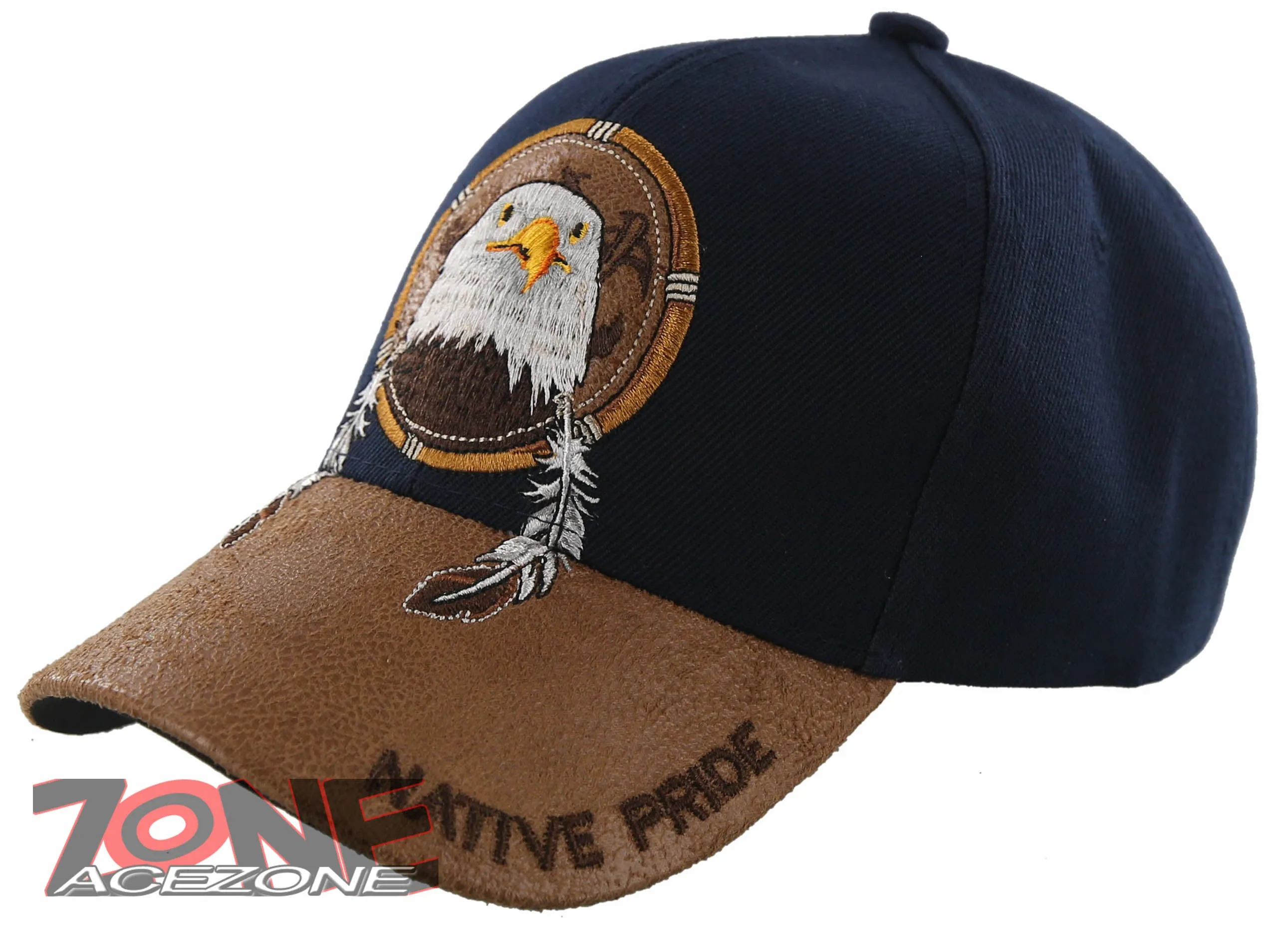 NEW! NATIVE PRIDE EAGLE FEATHERS FAUX LEATHER BASEBALL CAP HAT NAVY