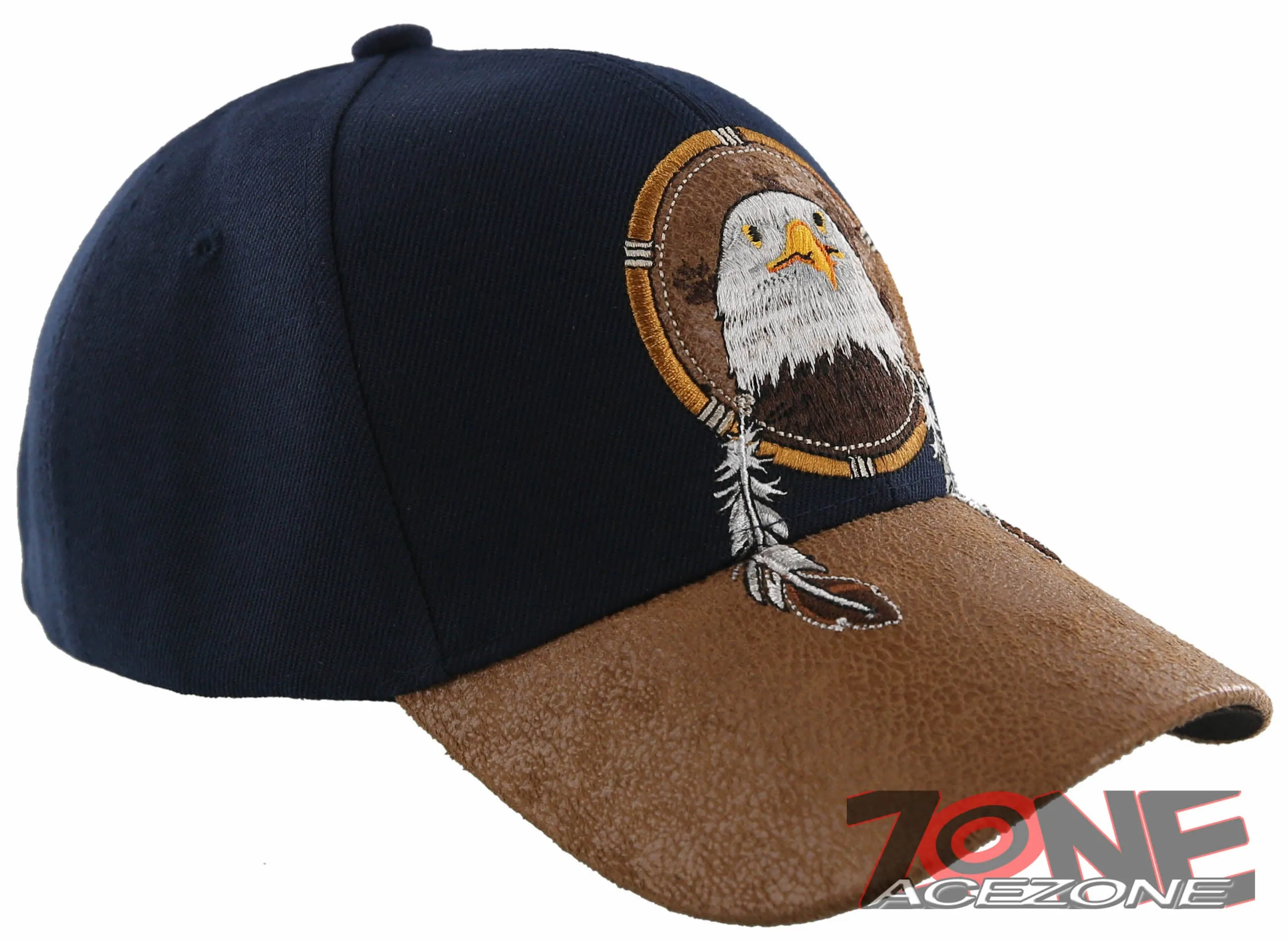 NEW! NATIVE PRIDE EAGLE FEATHERS FAUX LEATHER BASEBALL CAP HAT NAVY