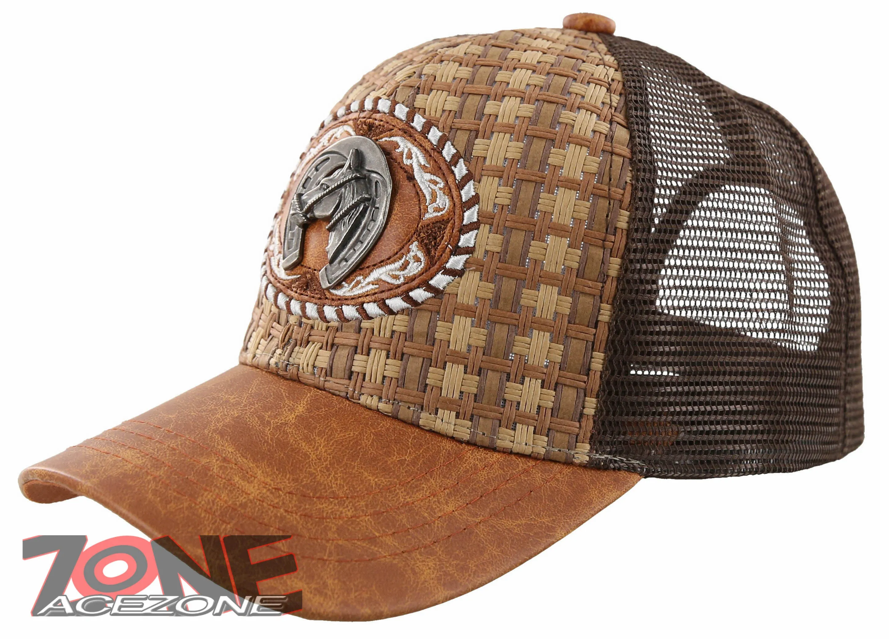 NEW! STRAW MESH METAL HORSESHOE FAUX LEATHER BALL CAP HAT BROWN