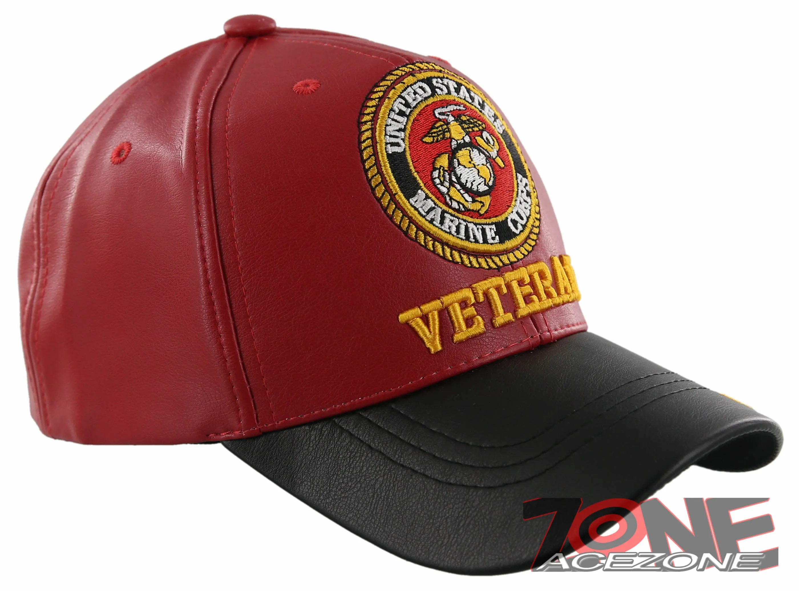 NEW! US MARINE CORPS USMC VETERAN FAUX LEATHER CAP HAT BLACK RED