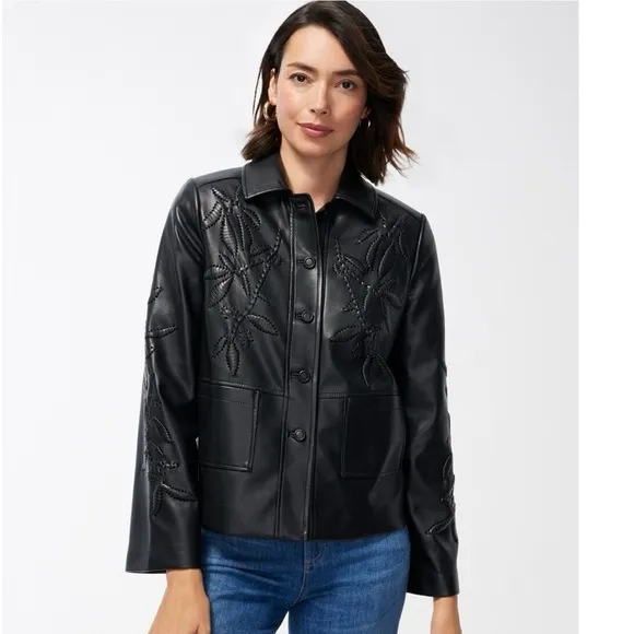 NWOT Chico’s Cutwork Faux Leather Jacket Buttery Soft Black SZ-4