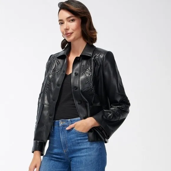 NWOT Chico’s Cutwork Faux Leather Jacket Buttery Soft Black SZ-4