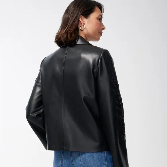 NWOT Chico’s Cutwork Faux Leather Jacket Buttery Soft Black SZ-4