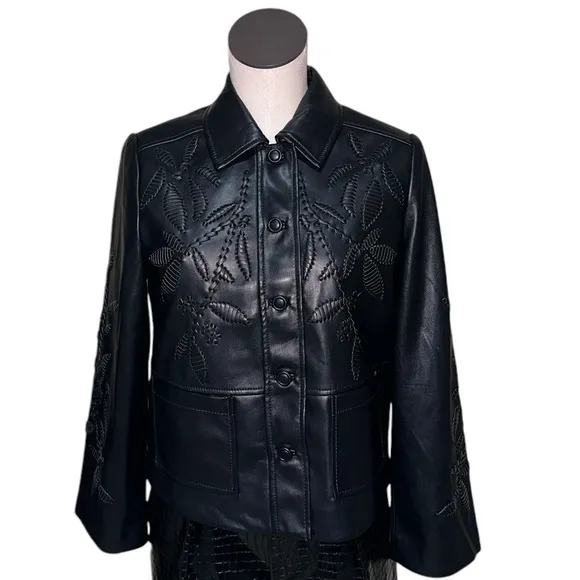 NWOT Chico’s Cutwork Faux Leather Jacket Buttery Soft Black SZ-4