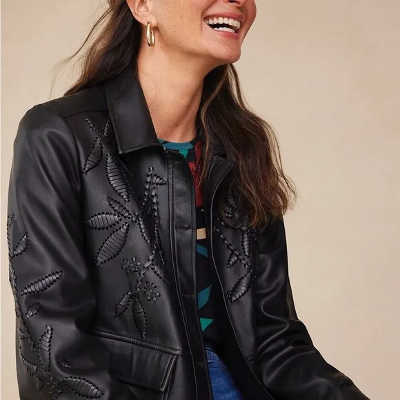 NWOT Chico’s Cutwork Faux Leather Jacket Buttery Soft Black SZ-4