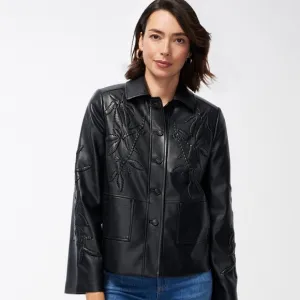 NWOT Chico’s Cutwork Faux Leather Jacket Buttery Soft Black SZ-4