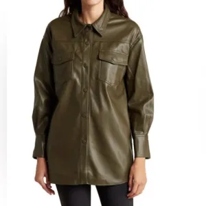 NWOT - T TAHARI Women’s Olive Faux Leather Snap Button Shacket - SMALL