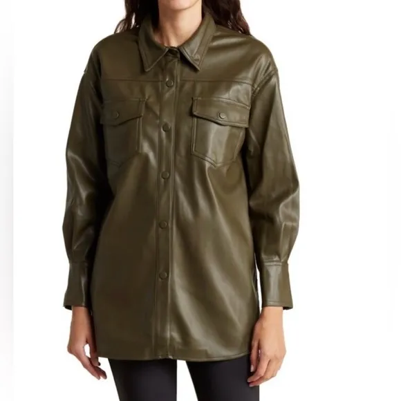 NWOT - T TAHARI Women’s Olive Faux Leather Snap Button Shacket - SMALL
