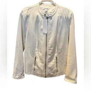 NWT Calvin Klein faux leather collarless jacket, knit sleeve and gold accents