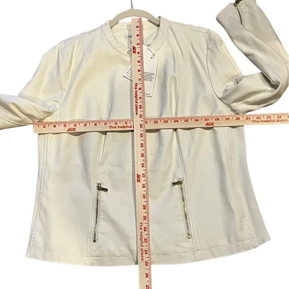 NWT Calvin Klein faux leather collarless jacket, knit sleeve and gold accents