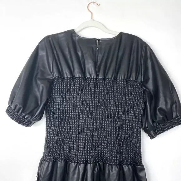 NWT Topshop Smocked Faux Leather Puff Sleeve Midi Dress Black 6