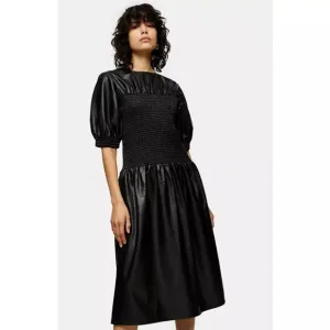 NWT Topshop Smocked Faux Leather Puff Sleeve Midi Dress Black 6