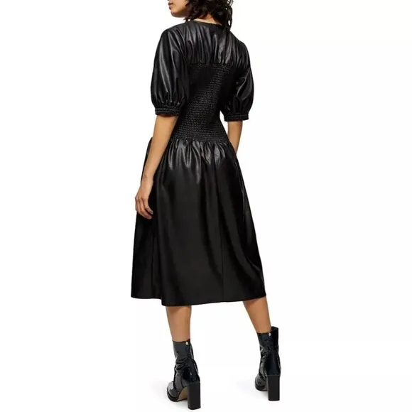NWT Topshop Smocked Faux Leather Puff Sleeve Midi Dress Black 6