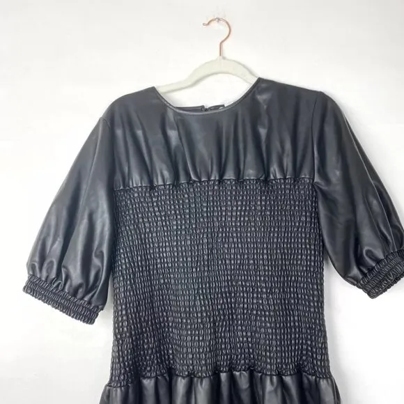NWT Topshop Smocked Faux Leather Puff Sleeve Midi Dress Black 6