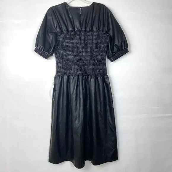 NWT Topshop Smocked Faux Leather Puff Sleeve Midi Dress Black 6