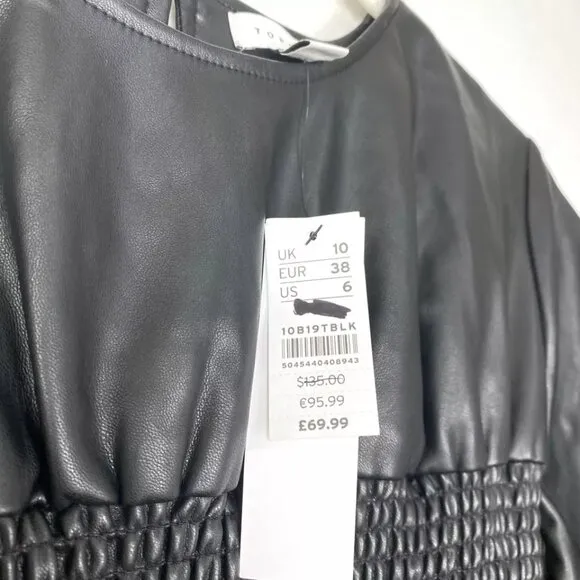 NWT Topshop Smocked Faux Leather Puff Sleeve Midi Dress Black 6