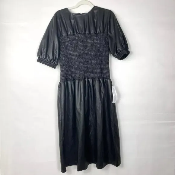 NWT Topshop Smocked Faux Leather Puff Sleeve Midi Dress Black 6