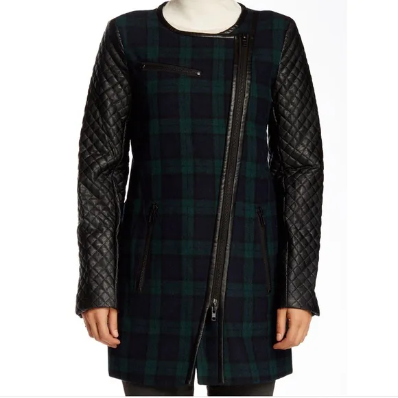 NWT WALTER BAKER 118 Sadie Blue Green Plaid Faux Leather Sleeve Coat MED