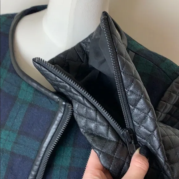 NWT WALTER BAKER 118 Sadie Blue Green Plaid Faux Leather Sleeve Coat MED