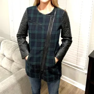 NWT WALTER BAKER 118 Sadie Blue Green Plaid Faux Leather Sleeve Coat MED