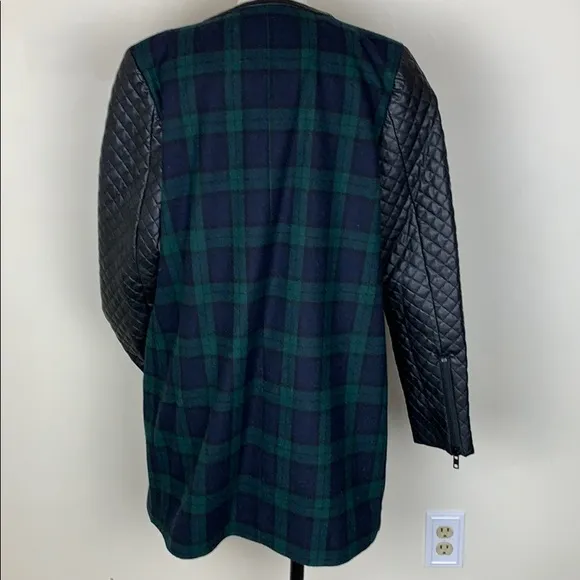 NWT WALTER BAKER 118 Sadie Blue Green Plaid Faux Leather Sleeve Coat MED