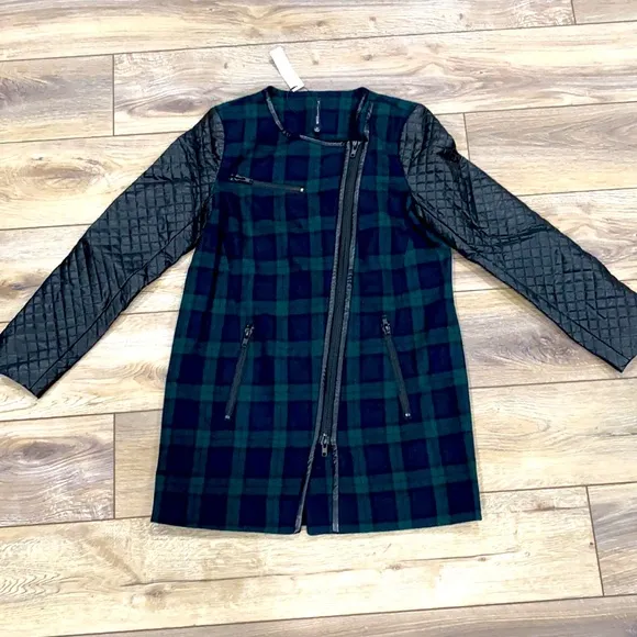 NWT WALTER BAKER 118 Sadie Blue Green Plaid Faux Leather Sleeve Coat MED
