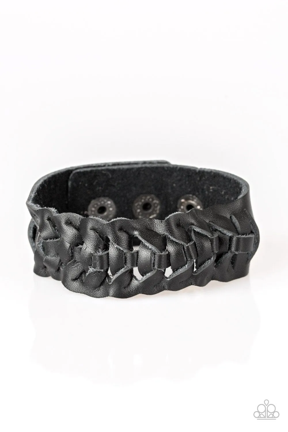 Paparazzi " Brave Soul " Black LEATHER Rustic Braided Urban Unisex Snap Bracelet
