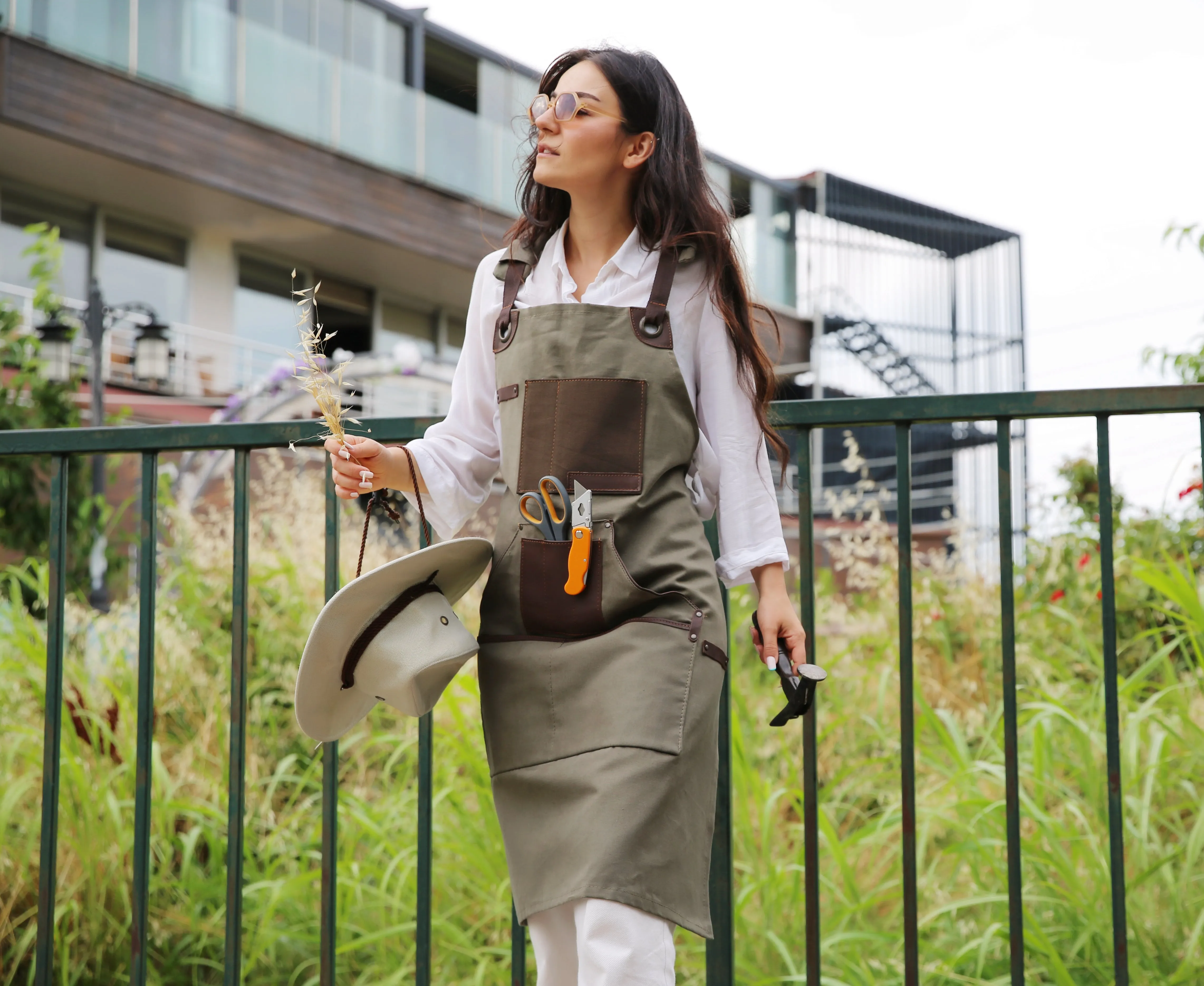 Personalized Handmade Canvas Apron with Adjustable Cross-Back Leather Strap