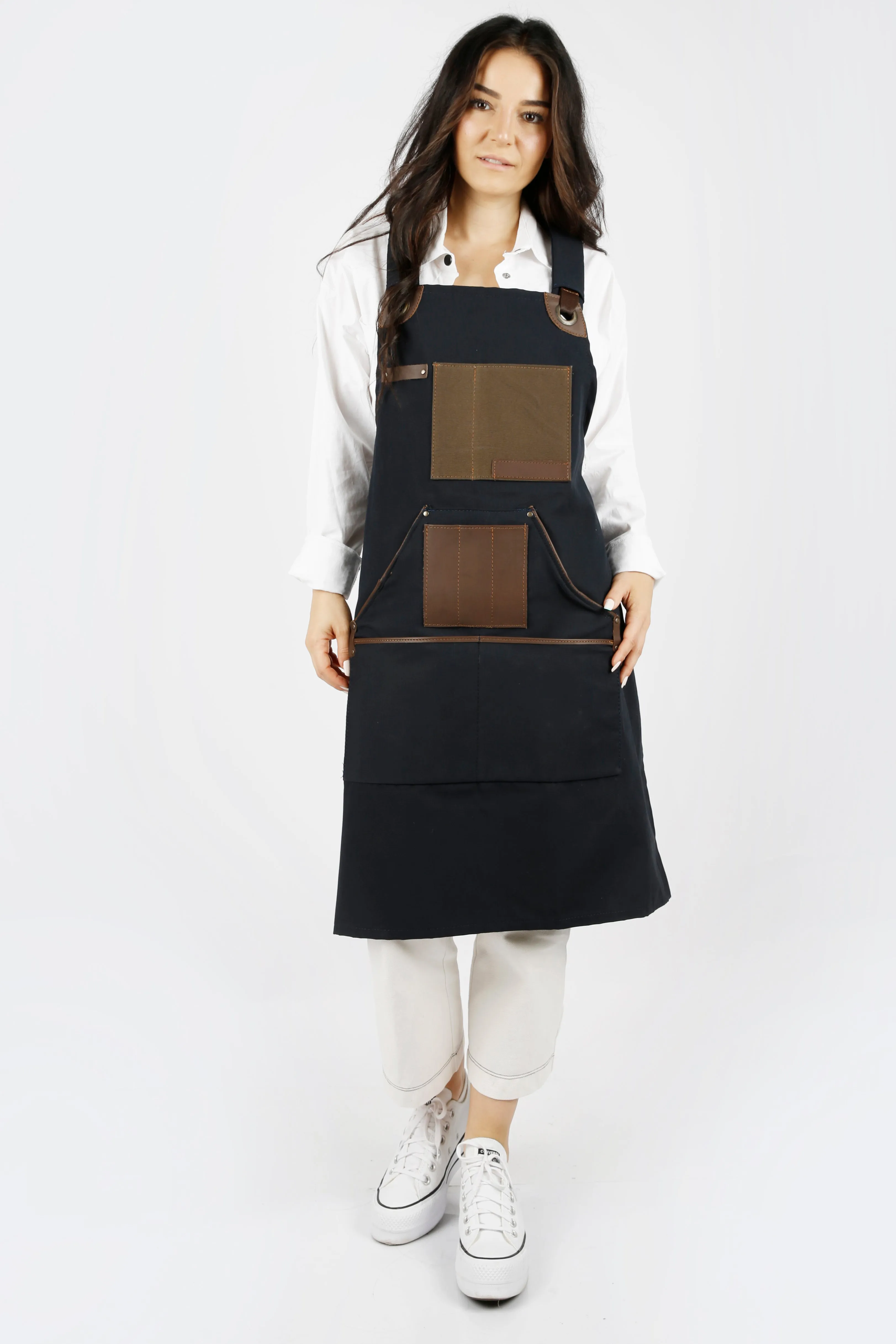 Personalized Handmade Canvas Apron with Adjustable Cross-Back Leather Strap