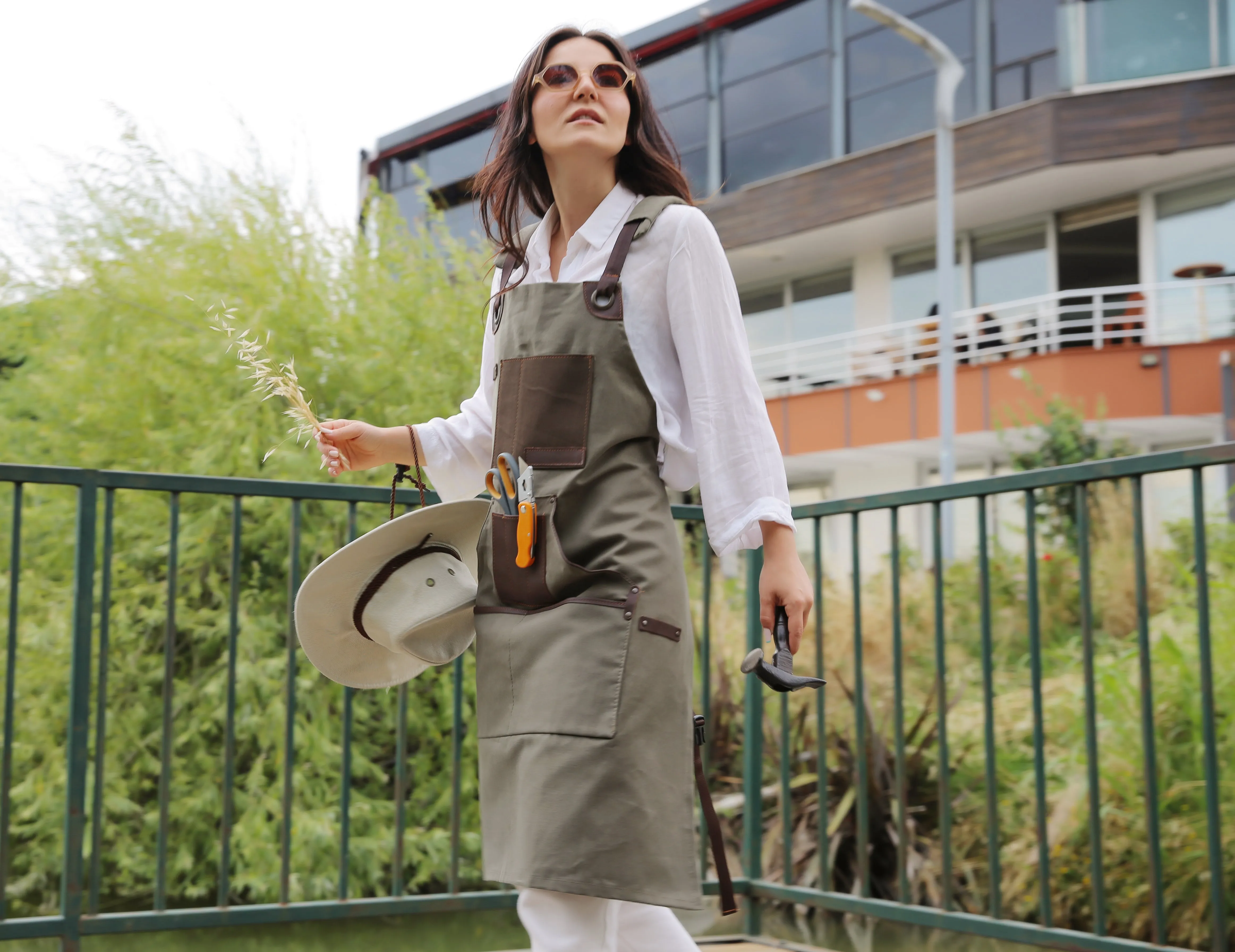 Personalized Handmade Canvas Apron with Adjustable Cross-Back Leather Strap