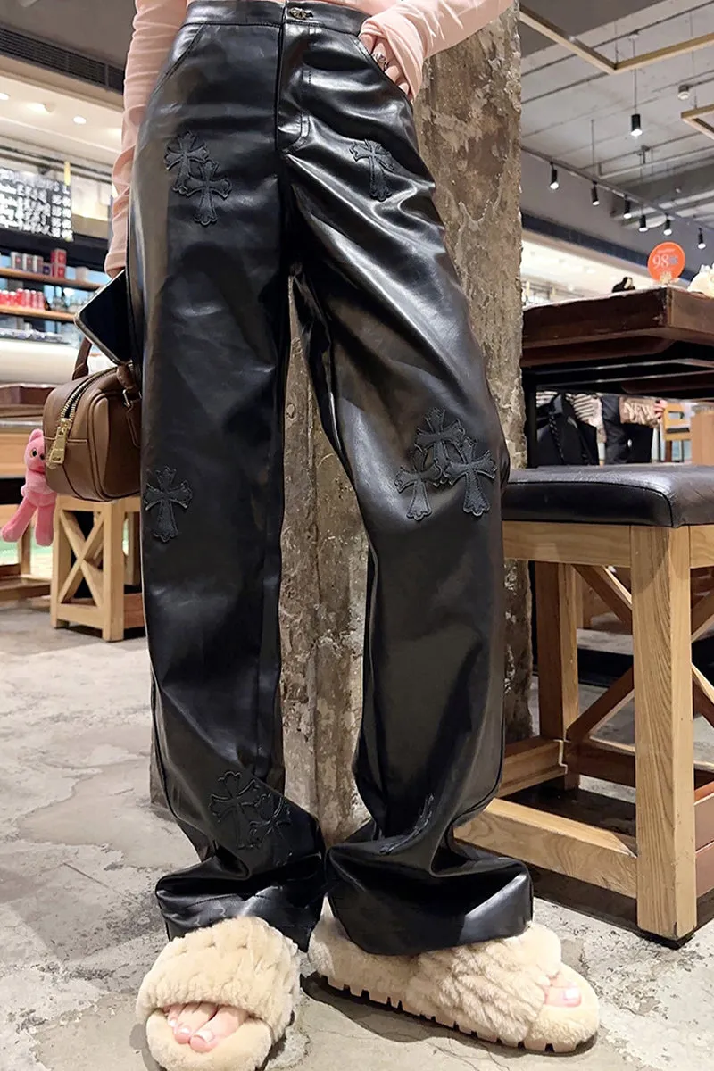 PI912 Faux Leather Straight Pants