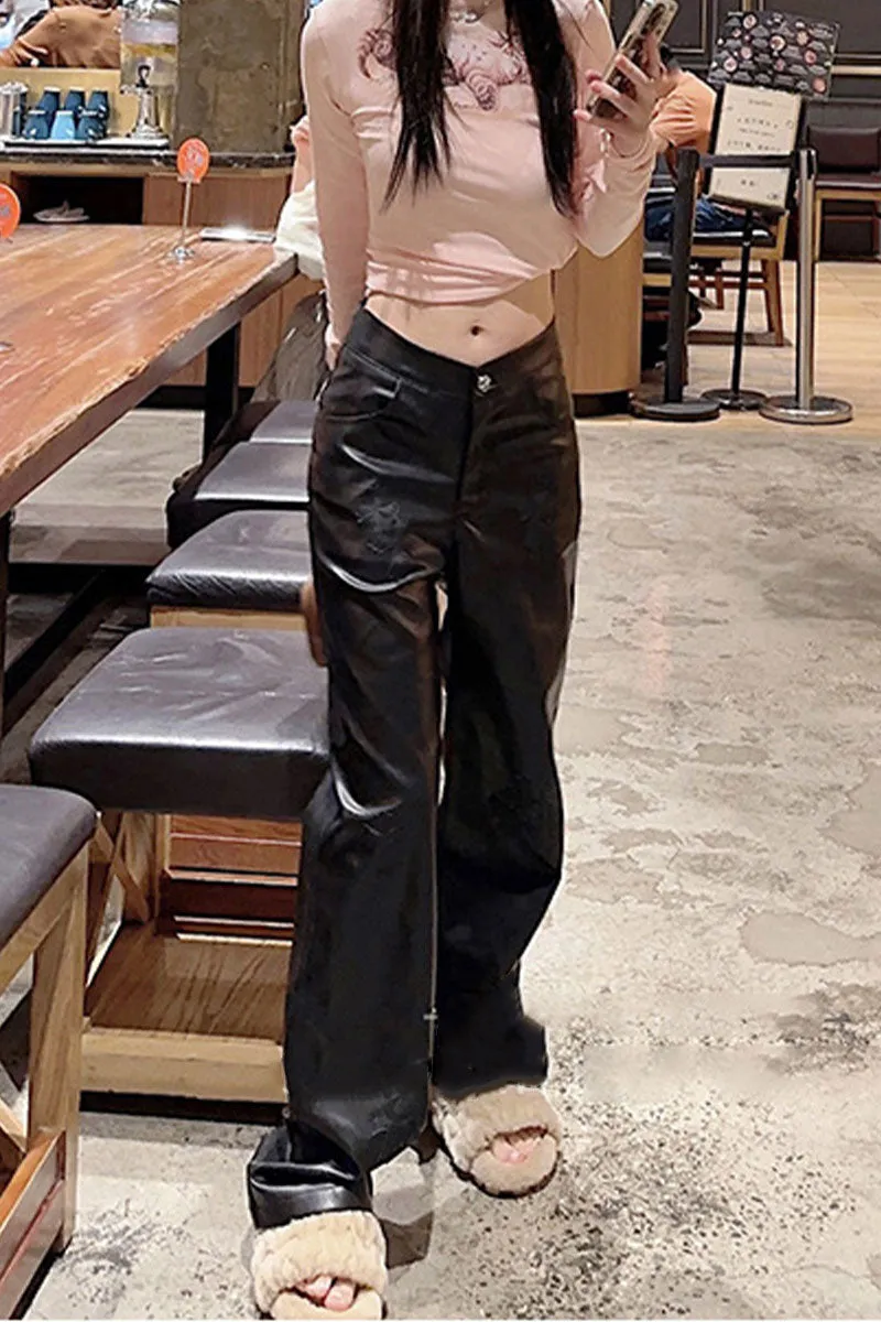 PI912 Faux Leather Straight Pants