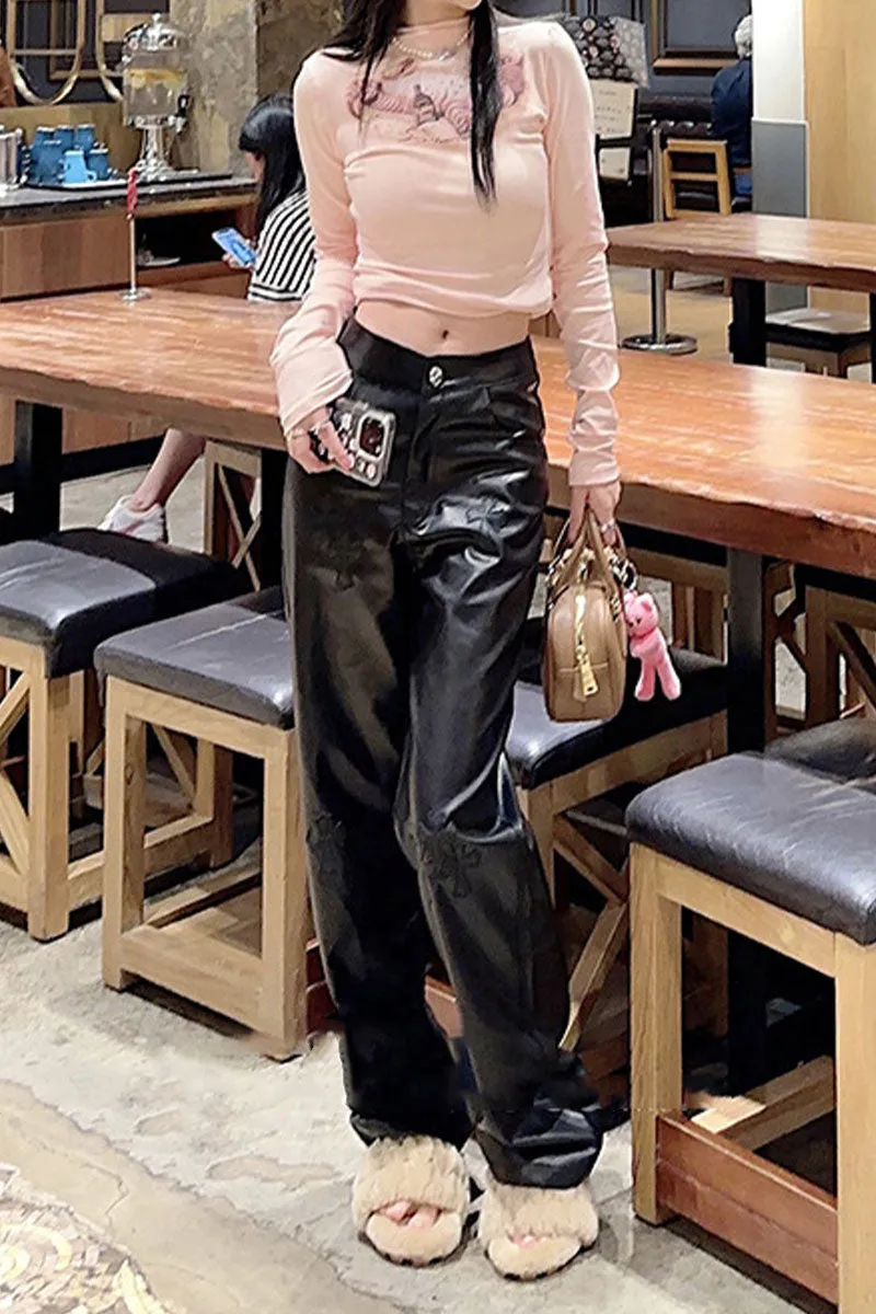 PI912 Faux Leather Straight Pants