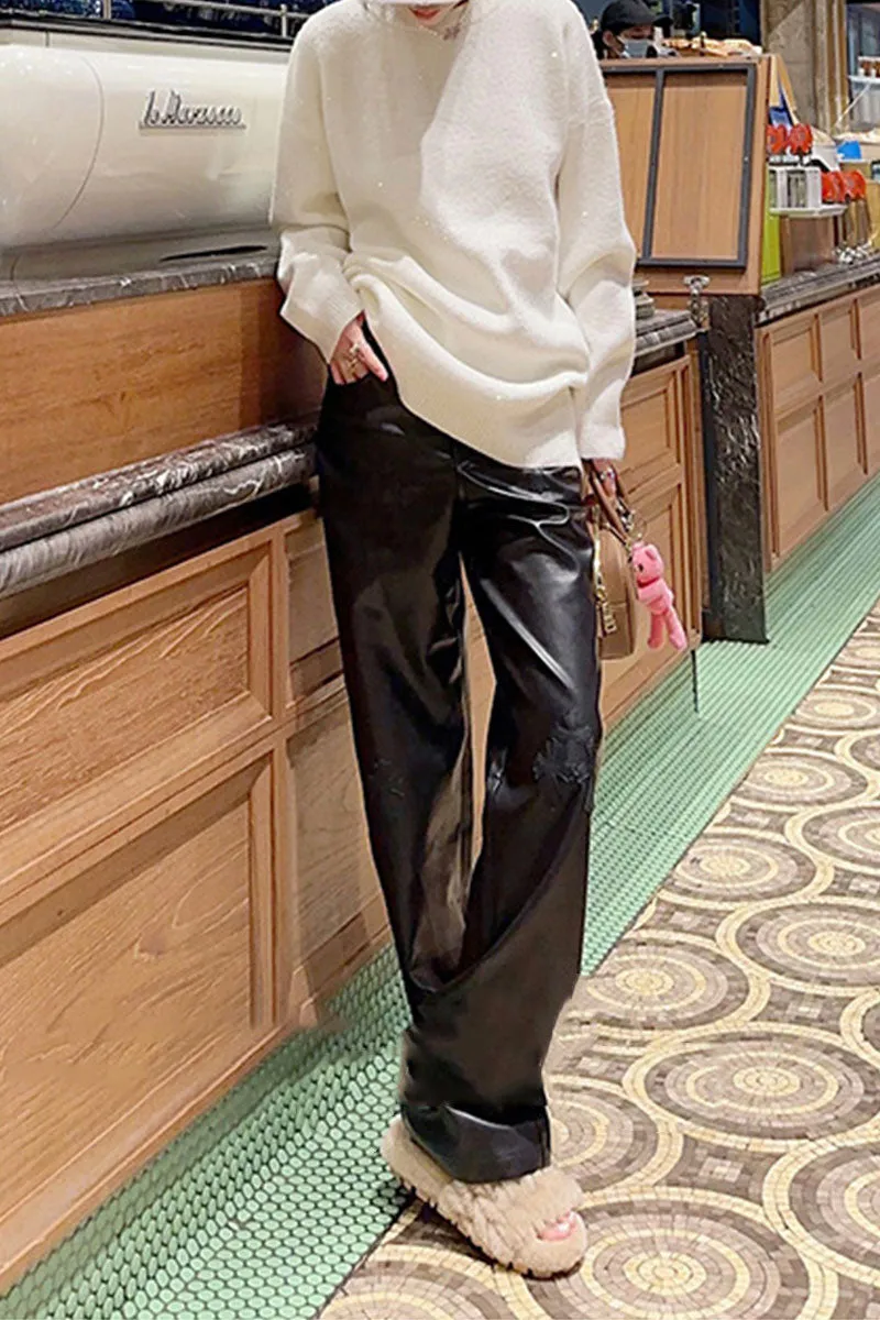 PI912 Faux Leather Straight Pants