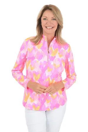 Pink Brushstroke Hearts Cooling UPF50  Mock Neck Top