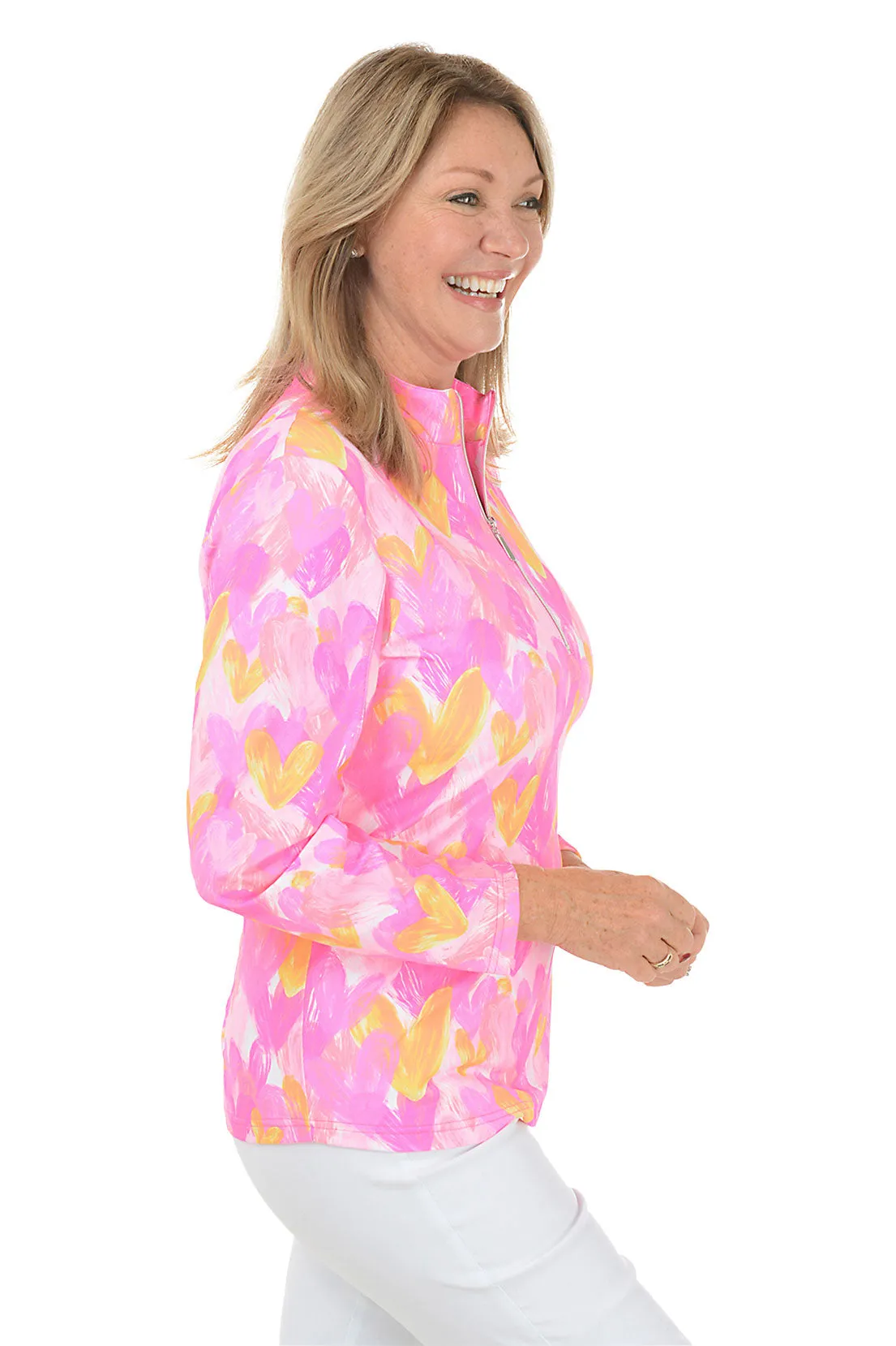 Pink Brushstroke Hearts Cooling UPF50  Mock Neck Top