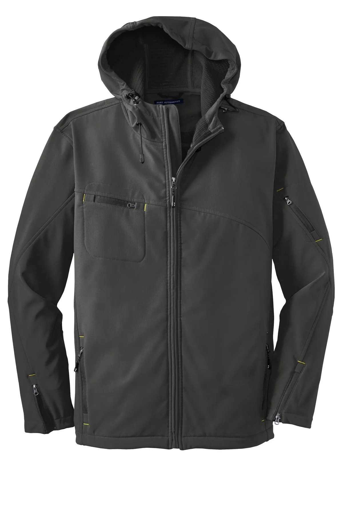 Port Authority Textured Hooded Soft Shell Jacket. J706 Charcoal/ Lemon Yellow