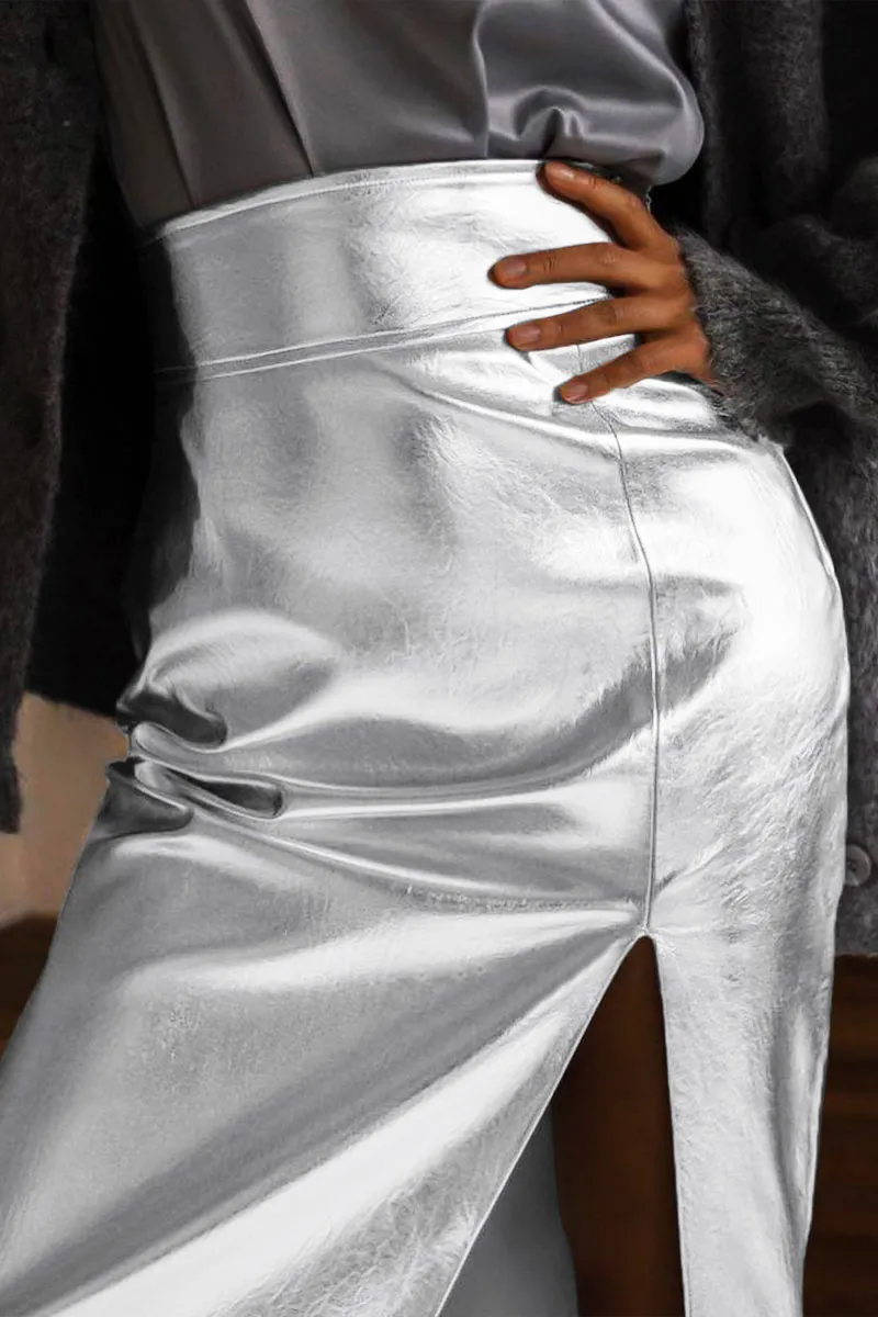 QI645 Faux Leather High-Waist Maxi Skirt