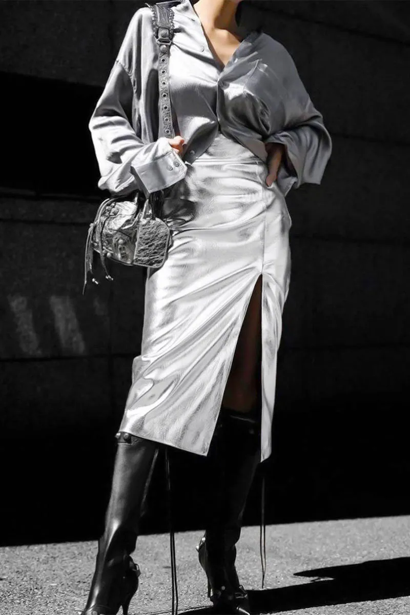 QI645 Faux Leather High-Waist Maxi Skirt