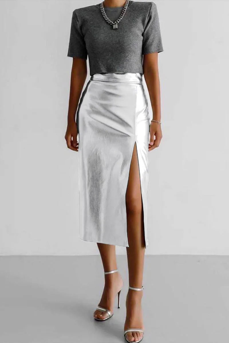 QI645 Faux Leather High-Waist Maxi Skirt