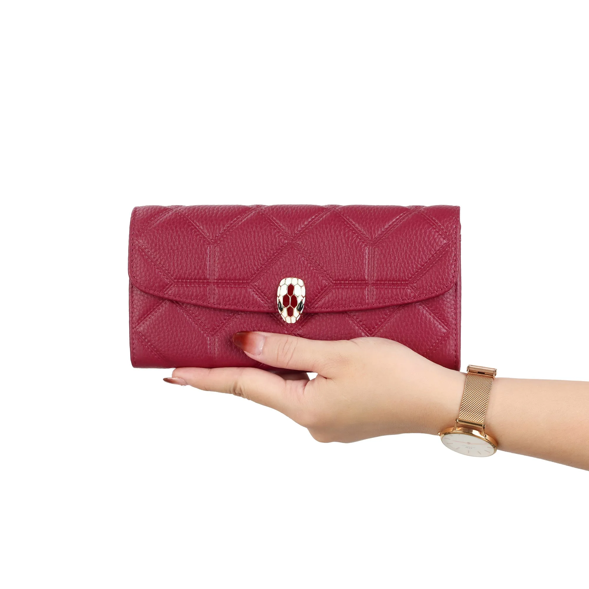 Quilted Leather Wallet with Enamel Clasp