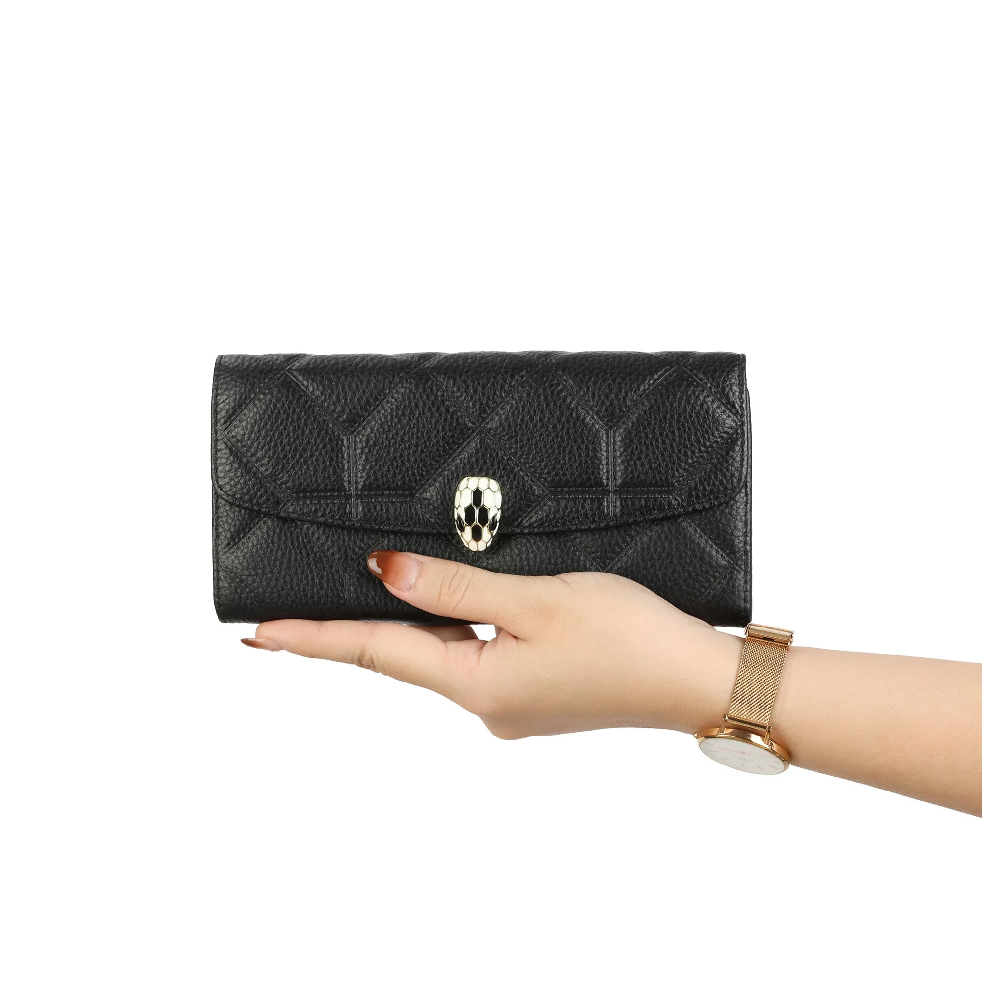 Quilted Leather Wallet with Enamel Clasp