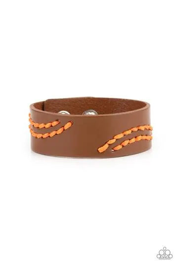 "Harmonic Horizons" Brown Leather & Orange Colored Embroidered Snap Bracelet