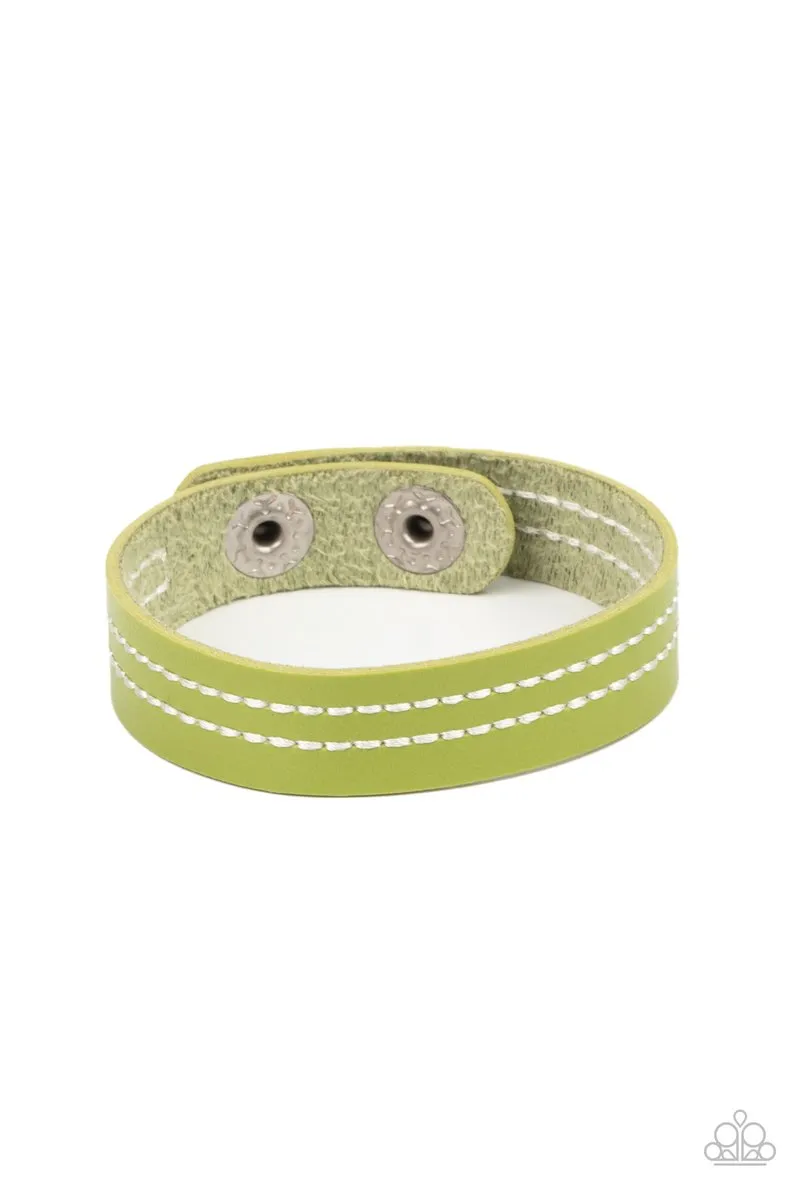 "Life is Wander-ful" Green LEATHER With White Stitching Snap Bracelet