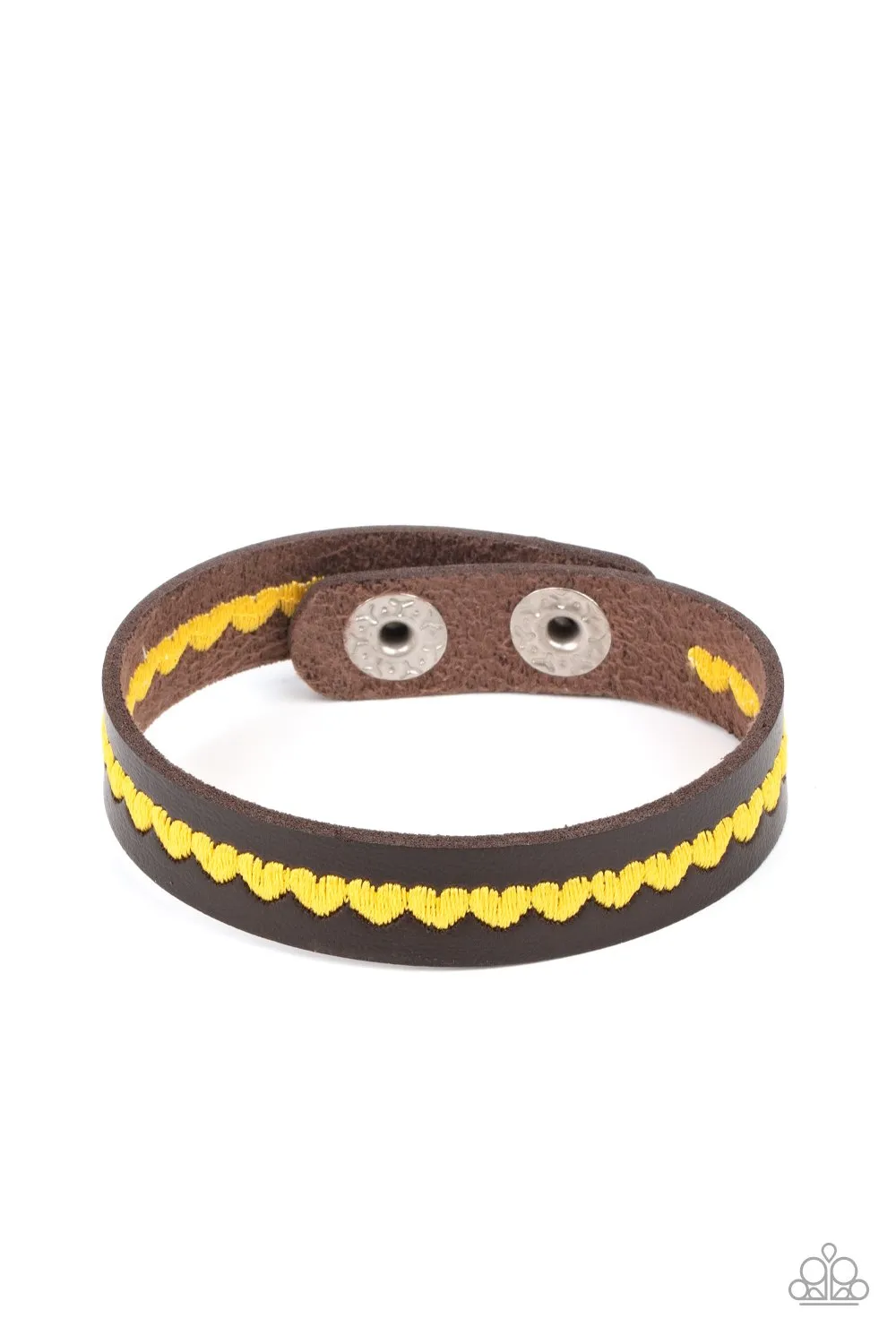 "Made With Love" Brown LEATHER & Yellow Embroider Heart Snap Bracelet