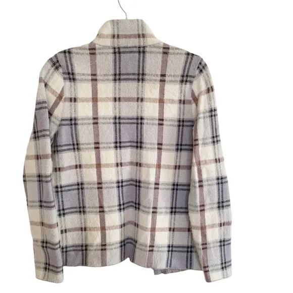 Rachel Zoe Blue Cream Plaid Zip Front Fuzzy Cardigan Jacket Medium NWOT