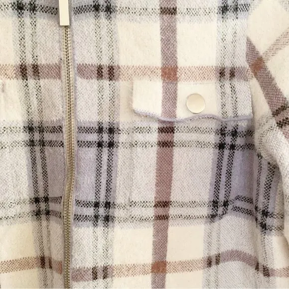 Rachel Zoe Blue Cream Plaid Zip Front Fuzzy Cardigan Jacket Medium NWOT