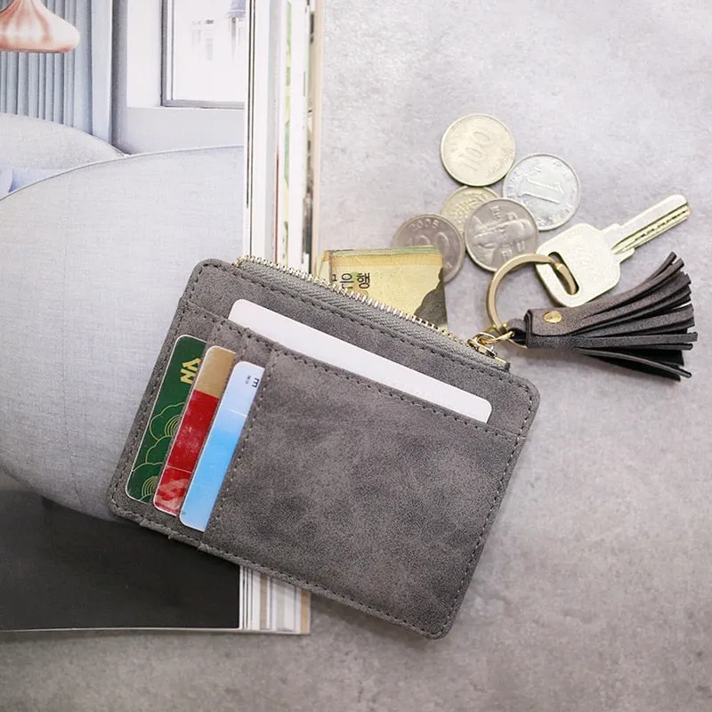 Realaiot 1 Pc Mini Tassel Card Holder Matt Leather Women Business Card Case Zipper ID Card Holder Coin Purse Keychain Wallet